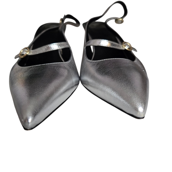 Made-in-Italy Colette Buckle Slingback Pump Cracked Metallic Leather Kitten Heel - Picture 4 of 12